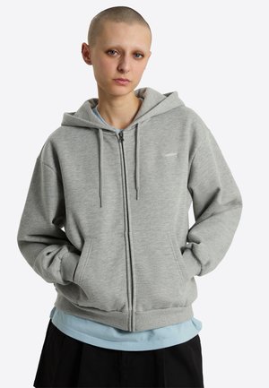 Person mit kurzen Haaren, die eine hellgraue Kapuzenjacke mit Reißverschluss und darunter ein blaues Shirt trägt, steht mit den Händen in den Taschen vor einem weißen Hintergrund.