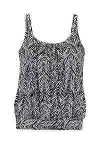 Zwart-witte zebra print tanktop met een ronde halslijn, dunne bandjes en een geplooide structuur in het midden en aan de onderrand.