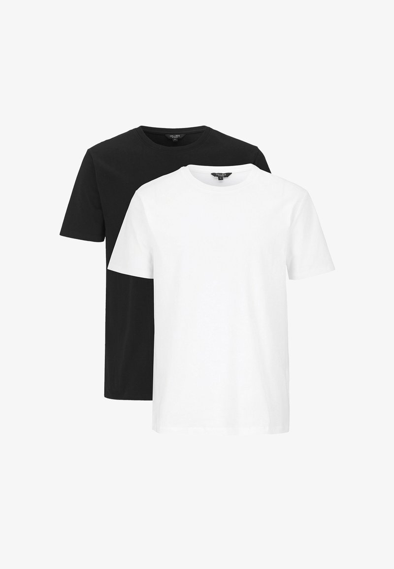 To ensfarvede kortærmede t-shirts med rund halsudskæring, den ene hvid foran og den anden sort bagved, vist på en hvid baggrund.