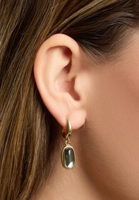Guldörhängen med en oval, mörk stendroppe. Designen är slät med reflekterande ytor som framhäver kontrasten mellan materialen.