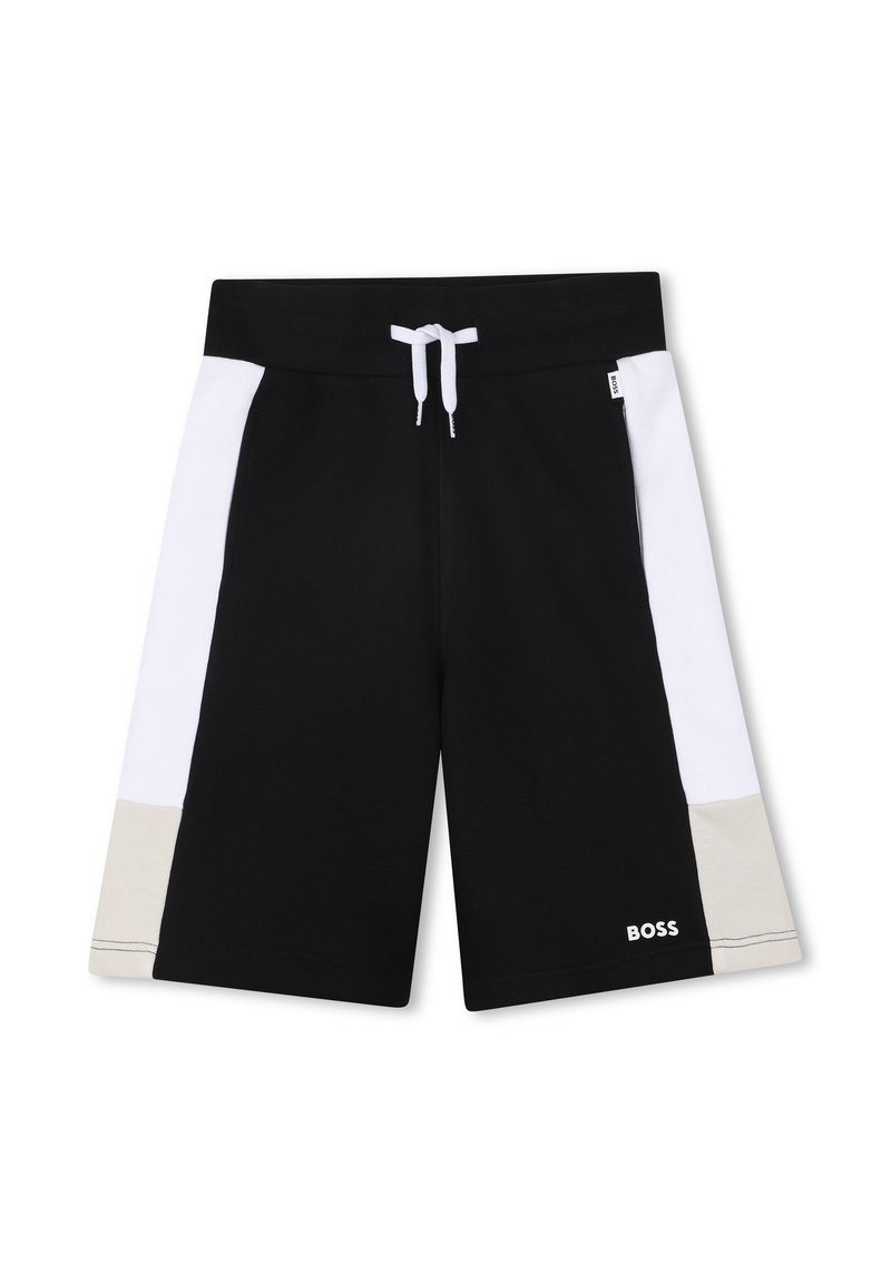 Shorts noirs avec des panneaux latéraux blanc et beige clair, taille à cordon de serrage et logo "BOSS" brodé dans le coin inférieur droit.