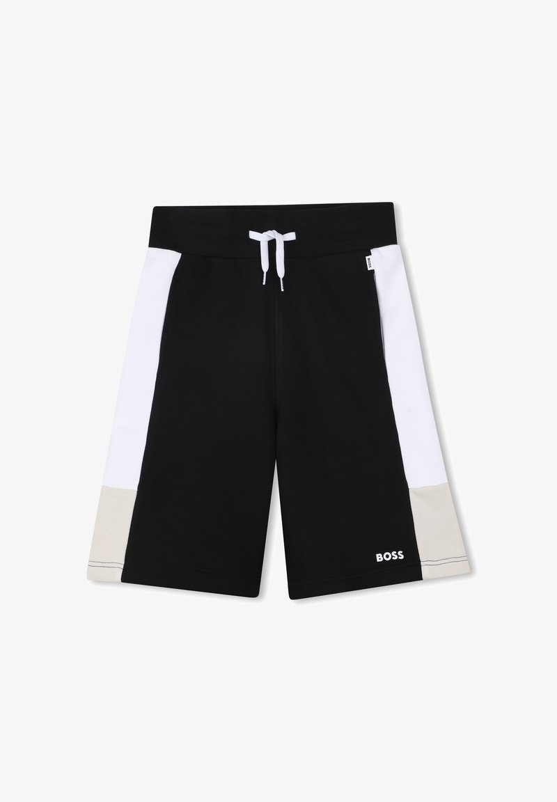 Zwarte shorts met witte en lichtbeige zijpanelen, een trekkoord in de taille, en het geborduurde 'BOSS'-logo in de rechteronderhoek.