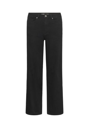 Mustad mustad säärtega teksased, millel on ees nupp, vööpaelad ja viis taskut, esitletud tasase pinna peal valge taustaga.