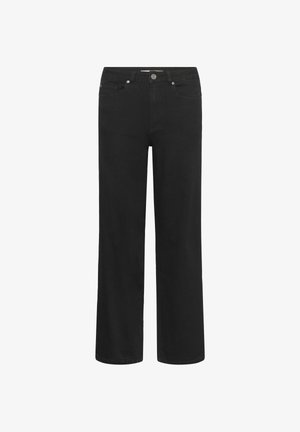 Črne ravne hlače z gumbom spredaj, z pasnimi zankami in petimi žepi, razložene na beli podlagi.