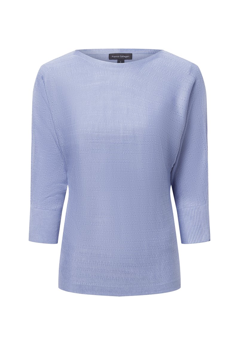 Hellblaue Strickjacke mit Rundhalsausschnitt und Dreiviertelärmeln. Verfügt über ein strukturiertes Muster und gerippte Bündchen.