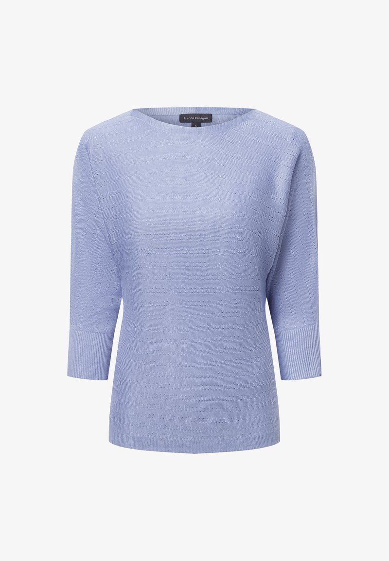 Hellblaue Strickjacke mit Rundhalsausschnitt und Dreiviertelärmeln. Verfügt über ein strukturiertes Muster und gerippte Bündchen.