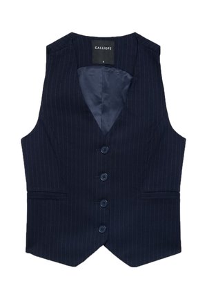 Gilet sartoriale blu navy a righe sottili con quattro bottoni, due tasche frontali e fodera interna in raso, taglia piccola.