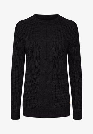 Zwarte gebreide trui met een kabelbreipatroon, ronde halslijn, geribde manchetten en zoom. Bevat een klein logotag aan de zijkant.