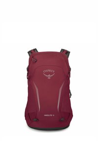 Zaino Maroon Osprey Hikelite 18 con spallacci regolabili, dettagli riflettenti e finitura in tessuto liscia. Presenta il logo sul davanti.