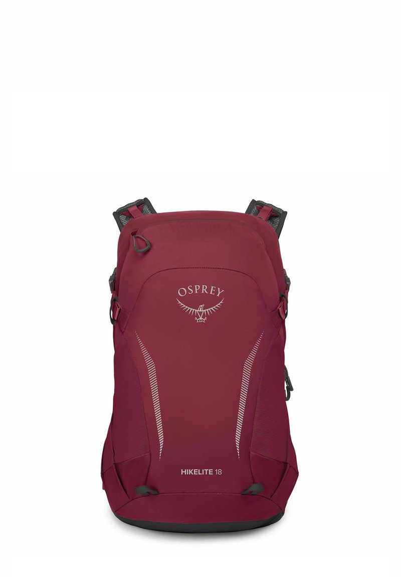 Zaino Maroon Osprey Hikelite 18 con spallacci regolabili, dettagli riflettenti e finitura in tessuto liscia. Presenta il logo sul davanti.