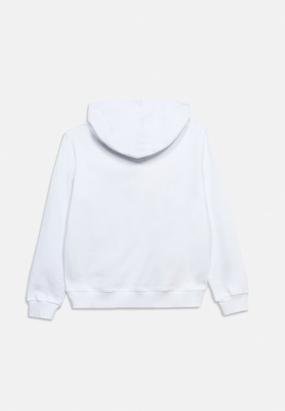 Λευκό φούτερ με κουκούλα, εμφανιζόμενο από πίσω, με μακριά μανίκια, ριμπ μανσέτες και ριμπ λαιμόκοψη.