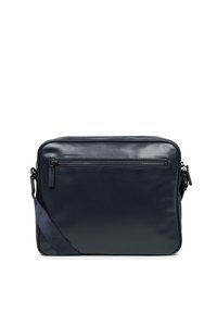 Borsa a tracolla in pelle blu navy con una forma rettangolare slim, dotata di una tasca frontale con zip e di una tracolla in tessuto regolabile.