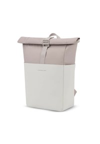 Sac à dos à rouleau de couleur rose pâle et blanche, avec un tissu texturé en haut et une base lisse et unie. Comprend un fermoir à l'avant.
