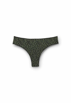 Perizoma stampa leopardata in tessuto verde oliva con dettagli neri. Presenta un design a vita bassa e una texture morbida. Nessuna ferramenta visibile.