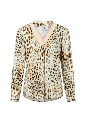 Bluse mit Leopardenmuster und langen Ärmeln sowie V-Ausschnitt, mit einem hellrosa Saum. Hergestellt aus einem glatten, leichten Stoff mit fließender Textur.