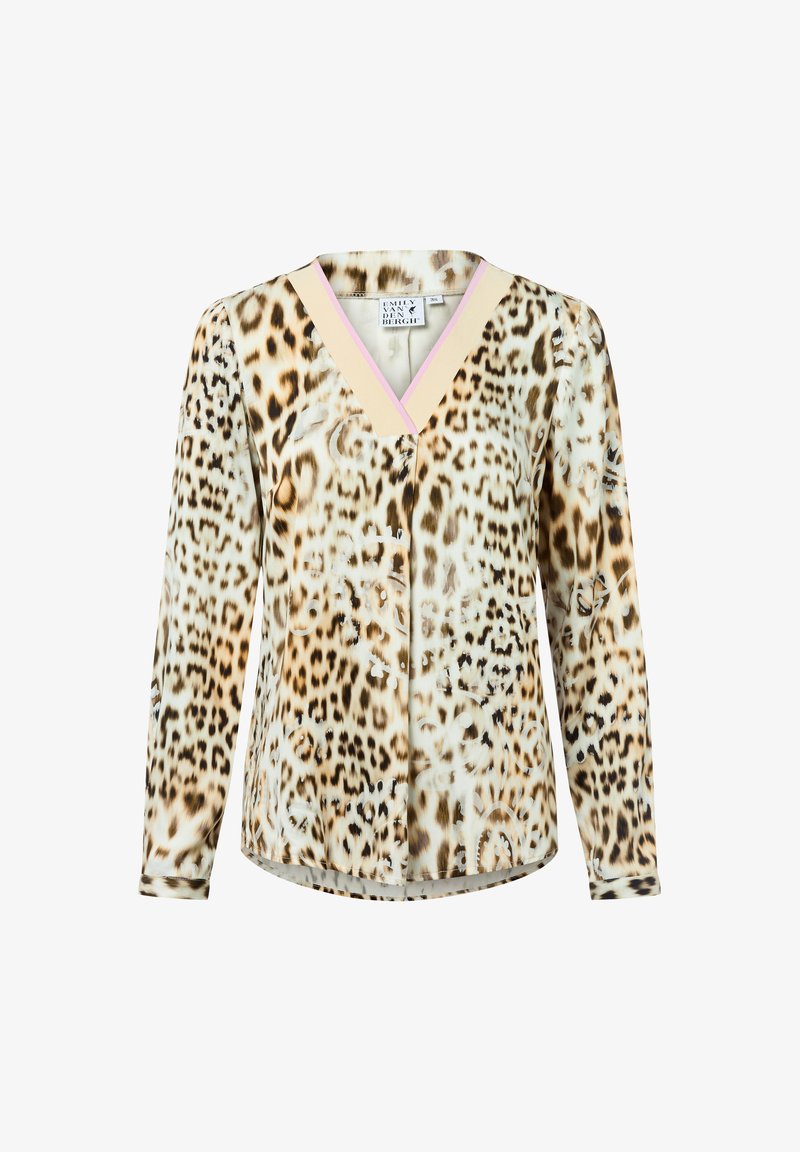 Blouse à manches longues en imprimé léopard avec un décolleté en V, ornée d'une bordure rose clair. Fabriquée dans un tissu lisse et léger avec une texture fluide.