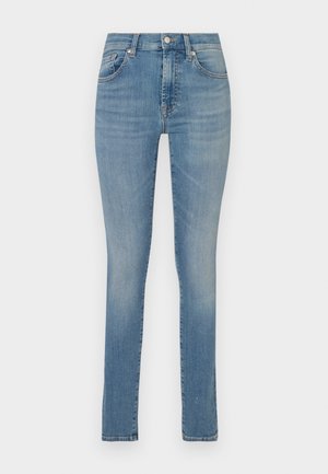 Hellblaue Skinny-Jeans aus Denim mit mittlerer Taille, fünf Taschen, subtilem Verblassen und geradem Beinanschnitt. Verfügt über einen Metallknopf und einen Reißverschluss.