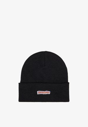 Black knit beanie with a folded cuff. Features a multicolored embroidered logo patch on the front. Fabric is textured and stretchy.
