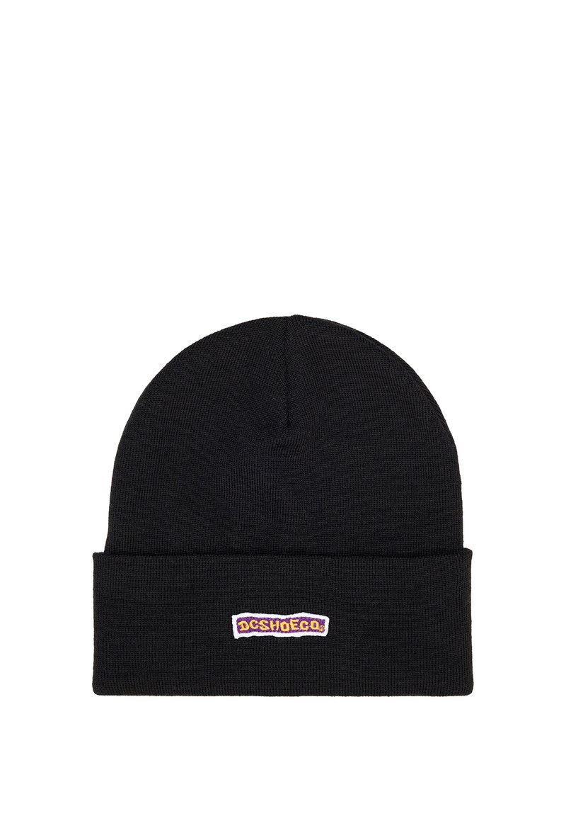 Black knit beanie with a folded cuff. Features a multicolored embroidered logo patch on the front. Fabric is textured and stretchy.