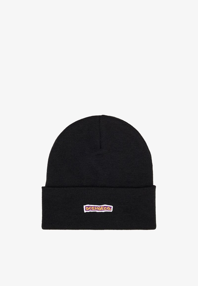 Black knit beanie with a folded cuff. Features a multicolored embroidered logo patch on the front. Fabric is textured and stretchy.