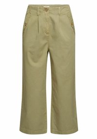 Khaki wide-leg trousers made of cotton, featuring front pockets, two button details, and a tailored waistband with pleats.