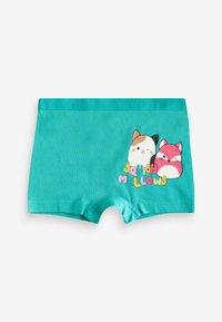 Pantaloni boyshort teal con una grafica di due animali dei cartoni animati, un gatto e una volpe, accompagnati da un testo colorato che recita "Squishmallows". Tessuto liscio.