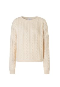 Cremfarbener Pullover mit einem Zopfmusterschnitt, rundem Halsausschnitt und langen Ärmeln mit gerippten Bündchen und Saum.