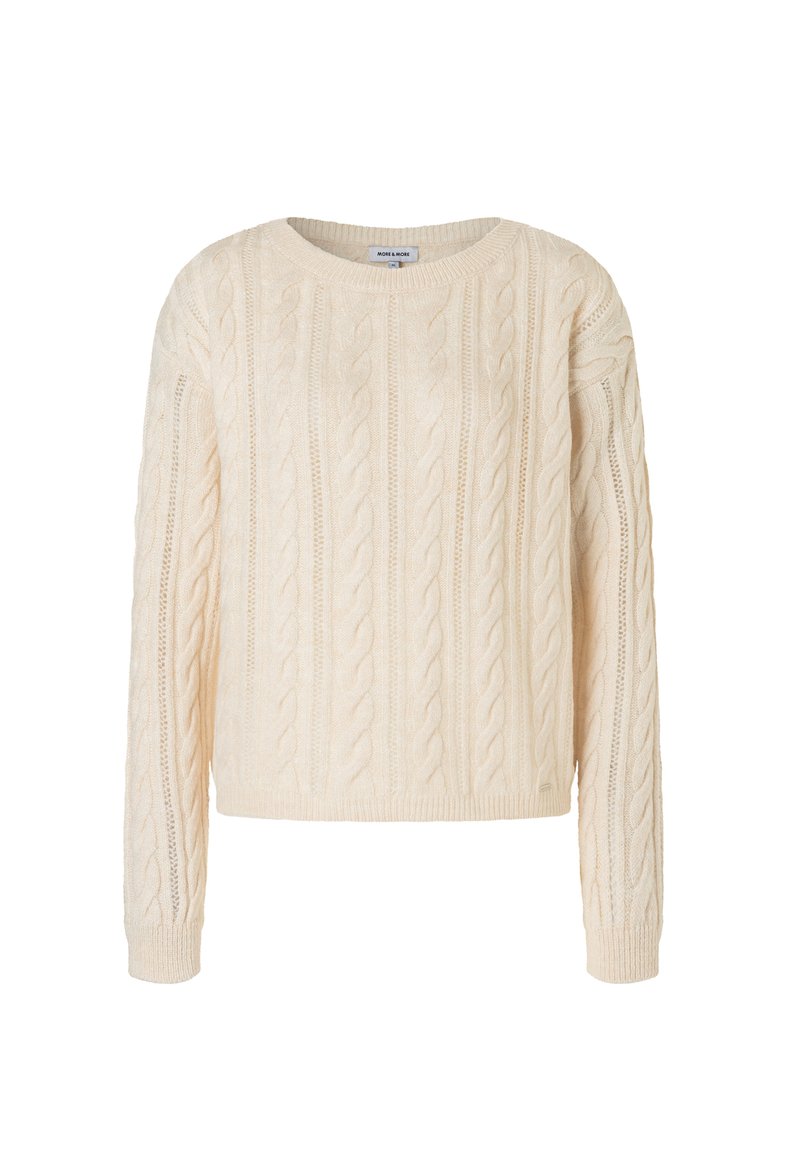 Cremfarbener Pullover mit einem Zopfmusterschnitt, rundem Halsausschnitt und langen Ärmeln mit gerippten Bündchen und Saum.
