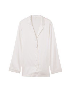 Witte zijden pyjamablouse met een reverskraag, lange mouwen en een knoopsluiting aan de voorkant. Gladde textuur en een losse pasvorm.