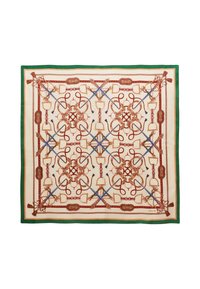 Siidist sall, millel on kreemjas taust ning geomeetriline muster punaste ja siniste ratsaspordi motiividega, mille ääristab roheline piir.