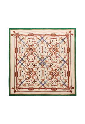 Seidenschal mit einem cremefarbenen Hintergrund, der mit einem geometrischen Muster aus roten und blauen reiterlichen Motiven und einem grünen Rand verziert ist.