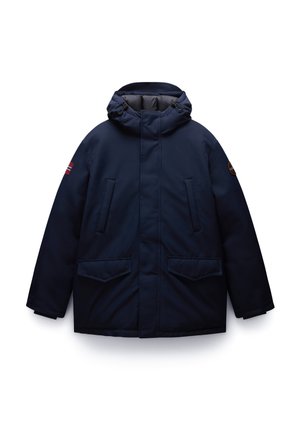 Navyblauwe geïsoleerde parka jas met een afneembare capuchon, twee voorste flapzakken en een logo-opdruk op de mouw. Gladde buitenkant.
