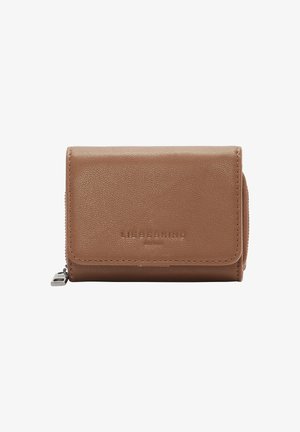 Compact brown leather wallet with embossed brand name, zipper on side, and flap closure, shown against white background.
