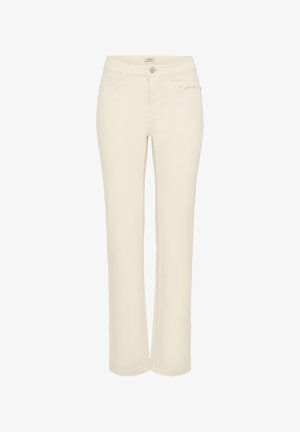 Džíny krémovej farby so strihom rovného strihu, vyrobené z denimu. Majú klasické päťvreckové prevedenie a zapínanie na predné gombíky.