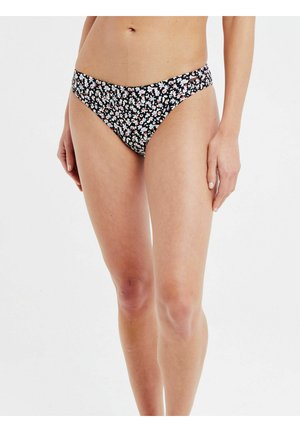 Schwarzer Bikini-Unterteil mit floralem Muster, das weiße, rosa und blaue Blumen zeigt. Niedrig geschnittenes Design mit minimaler Abdeckung und glatter Textur.