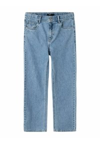 Jeans in denim azzurro chiaro con design a gamba dritta, dotati di cinque tasche, chiusura a bottone e dettagli di cucitura visibili.