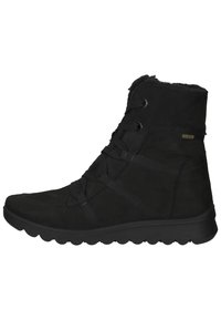 Bottes noires mi-mollet en suède. Présentent une semelle flexible, un laçage avec des sangles, et un revêtement doux au toucher sur le bord supérieur.