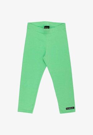 Grüne Baumwollleggings mit figurbetontem Design, ausgestattet mit einem elastischen Bund und einem schwarzen Logotag am unteren linken Bein.