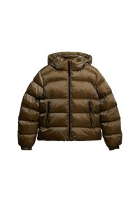 Brown pufferjack met een capuchon, glanzende afwerking, ritssluiting aan de voorkant en twee buitenzakken. Kenmerkt zich door een horizontaal gestikte ontwerp en elastische manchetten.