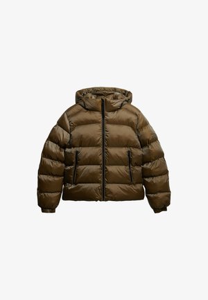 Giacca a vento marrone con cappuccio, finitura lucida, zip frontale e due tasche esterne. Presenta un design a righe orizzontali e polsini elasticizzati.