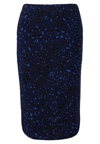 Blå leopardmönstrad pennkjol med en mjuk textur, designad med en figursydd passform och en osynlig sidozipper.