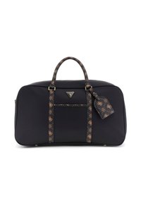 Sac de sport noir avec une texture lisse, comportant des sangles à motifs marron et une étiquette de bagages assortie. Logo affiché de manière proéminente sur le devant.