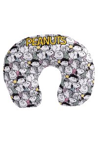 Cuscino per collo a tema Peanuts caratterizzato da un tessuto bianco con personaggi dei cartoni animati neri, accentuato da lettere gialle che scrivono "PEANUTS".