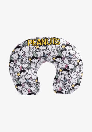 Cuscino per collo a tema Peanuts caratterizzato da un tessuto bianco con personaggi dei cartoni animati neri, accentuato da lettere gialle che scrivono "PEANUTS".