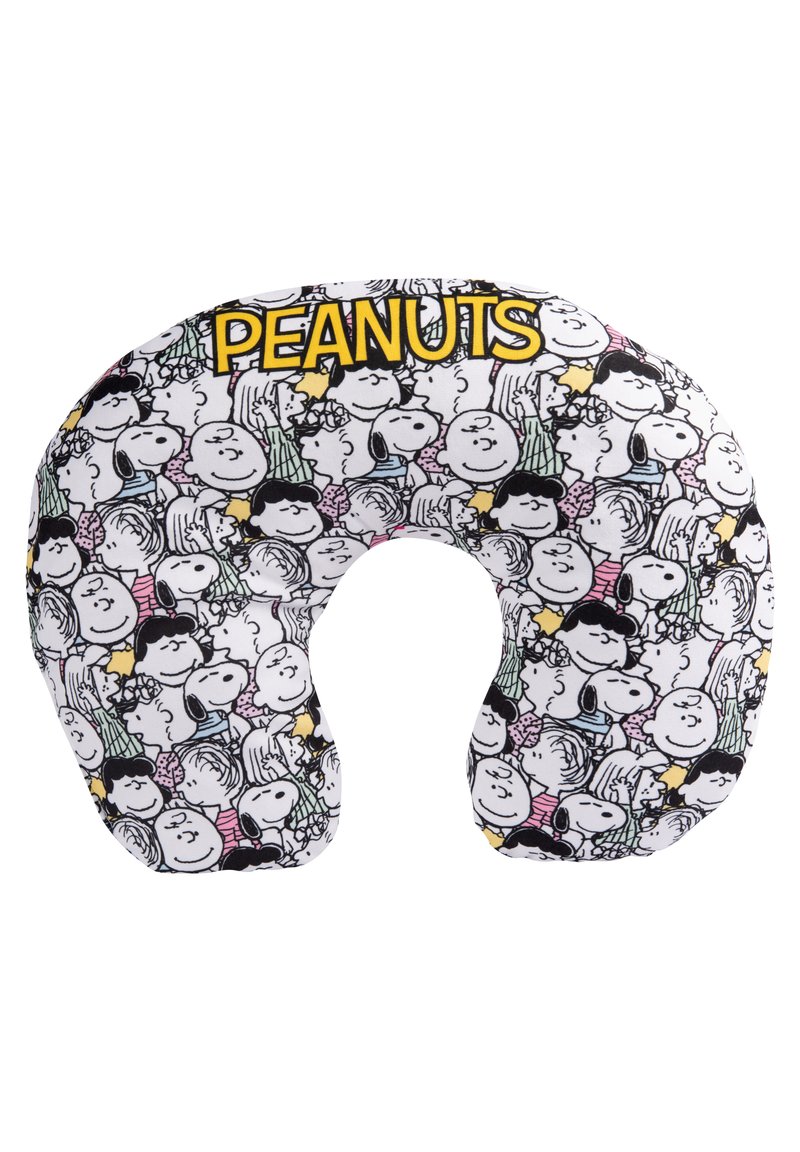 Cuscino per collo a tema Peanuts caratterizzato da un tessuto bianco con personaggi dei cartoni animati neri, accentuato da lettere gialle che scrivono "PEANUTS".