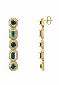 Gold-tone earrings featuring alternating rectangular and octagonal emerald-green stones, surrounded by clear cubic zirconia accents.
