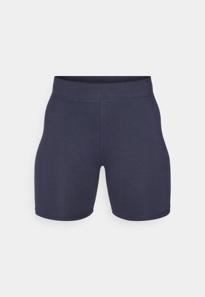 Tummansinisiä urheilushortsit, joissa on sileä ja joustava kangas. Niissä on korkea vyötärö ja kapea malli, jotka sopivat erilaisiin aktiviteetteihin.