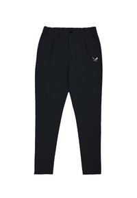 Pantalon noir fuselé avec ceinture élastique et bouton, avec un petit logo blanc de battes de baseball croisées et balle sur la cuisse droite.