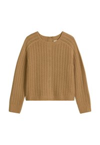 Beige gebreide trui met een ribbeltextuur, met opengewerkte details en een ronde halslijn. Lange mouwen en cropped lengte.