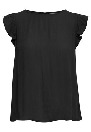 Schwarze kurzärmelige Bluse mit rundem Halsausschnitt und Rüschenschultern, aus einem weichen, strukturierten Stoff und in lockerer, entspannter Passform.